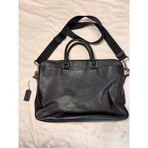 Coach Beckett Black Crossgrain Leather Slim Briefcase Laptop Bag Silver Hardware